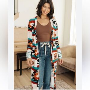 Ladies One Eleven North Brand Aztec Print Long Duster Open Front‎ Sweater Medium
